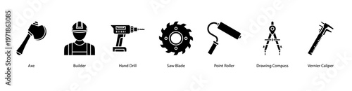 Precision Tools web banner icon vector illustration featuring Axe, Builder, Hand Drill, Saw Blade, Point Roller, Drawing Compass, and Vernier Caliper.