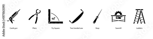 Carpentry Tools web banner icon vector illustration featuring Caulk Gun, Pliers, Try Square, Two Handed Saw, Rasp, Sawmill, and Ladders.