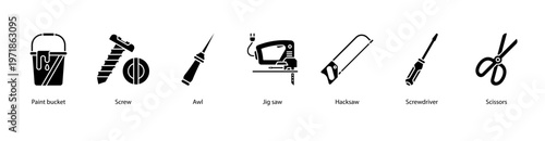 Cutting and Assembly web banner icon vector illustration featuring Paint Bucket, Screw, Awl, Jig Saw, Hacksaw, Screwdriver, and Scissors.