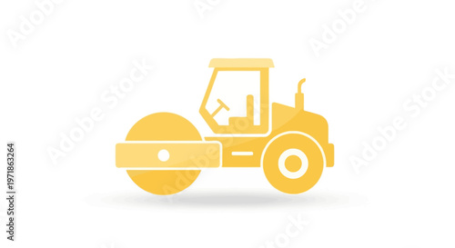 Yellow road roller machine icon on white background, construction equipment vector illustration