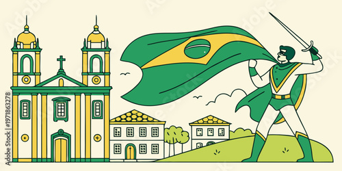 Brazilian Superhero with Flag and Sword in Colonial Town Vector