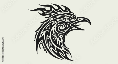Tribal eagle head tattoo design, black ink on light background, sharp details