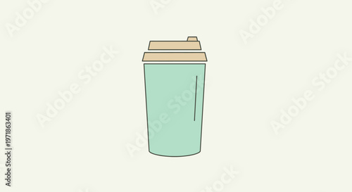 Minimalist illustration of a takeaway coffee cup with a lid, pastel mint green and beige.