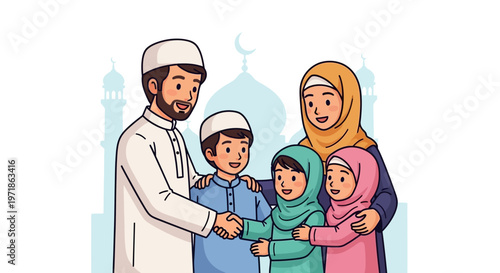 Muslim Family Celebrating Eid Al-Fitr Greeting Each Other with Joy