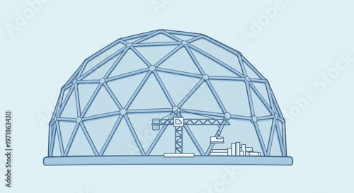 Geodesic dome construction site with crane and building materials