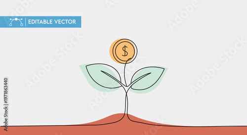 Financial growth vector illustration depicting a dollar coin blossoming from a plant in continuous line art style.
