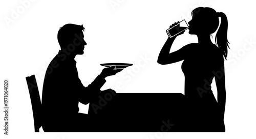 A man and woman sitting at a table eating and drinking Vector, illustration