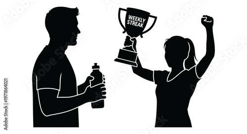 A woman holds up a weekly streak trophy next to a man with a water bottle Vector, illustration