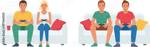 Young people sitting on a sofa playing video games with controllers for home entertainment and leisure activity concept.