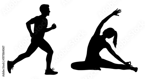 Silhouettes of a man running and a woman stretching Vector, illustration