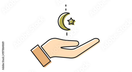 Open Hand Holding Crescent Moon and Star Icon, Islamic Symbol, Religious Offering