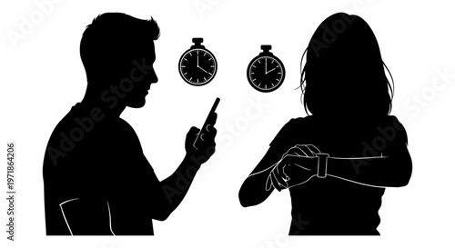 A man and woman in silhouette looking at watches Vector, illustration