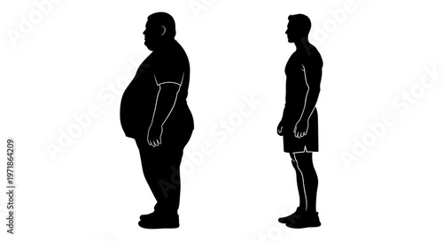 Silhouette of two men before and after weight loss Vector, illustration