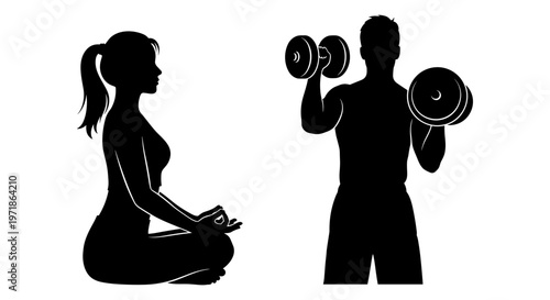 A man and woman exercising with dumbbells and yoga Vector, illustration