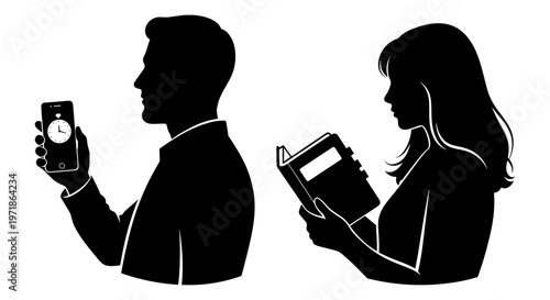 A man and woman looking at their devices in silhouette Vector, illustration