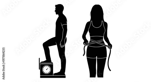 A man stepping on a scale and a woman measuring her waist Vector, illustration