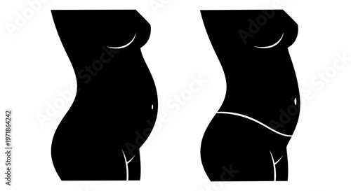 Comparison of female figures with and without a cesarean section scar Vector, illustration