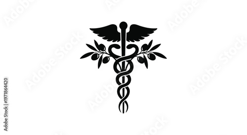 Caduceus symbol with olive branches represents medical care and healing.