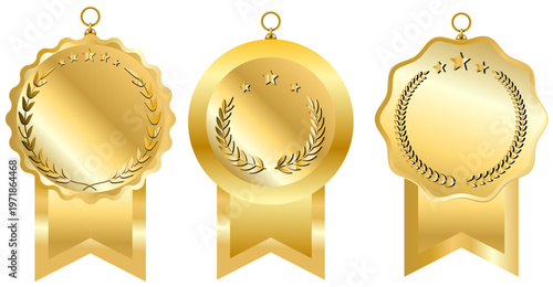 高級感あふれる金色の賞メダルとリボン装飾セット｜表彰・優勝・ランキング・アワードデザイン素材集