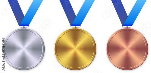 銀・金・銅のメダルセットとブルーリボン｜スポーツ大会・表彰式・順位アイコンのリアル質感デザイン