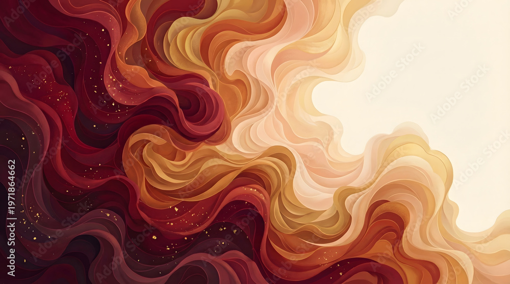 Fototapeta premium Dynamic abstract wave pattern with warm red to yellow gradient and sparkling gold glitter texture, a fluid artistic background.