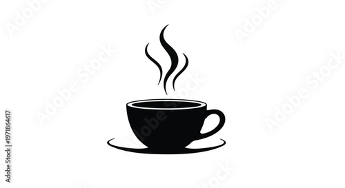 A black coffee cup and saucer emit stylized steam, representing a warm beverage on a plain background.