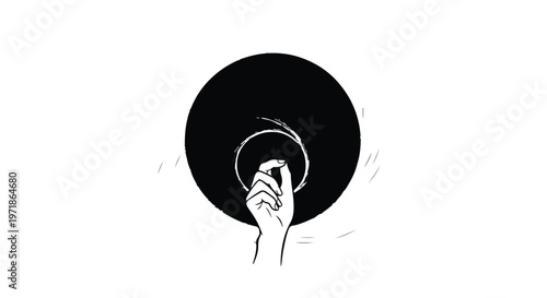A hand reaches out to grasp a ring suspended in front of a dark, circular void, representing opportunity or a significant decision.