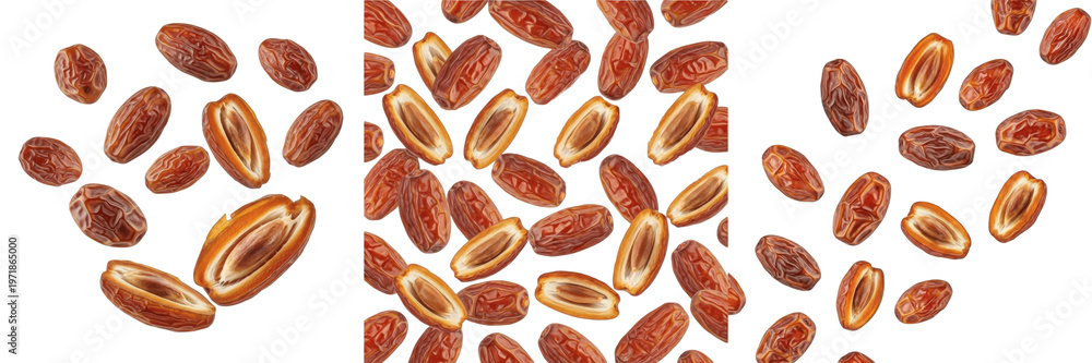 Obraz premium Dates whole and split flying composition isolated on white background, Phoenix dactylifera dried fruit with glossy brown skin and split interiors showing fibrous texture
