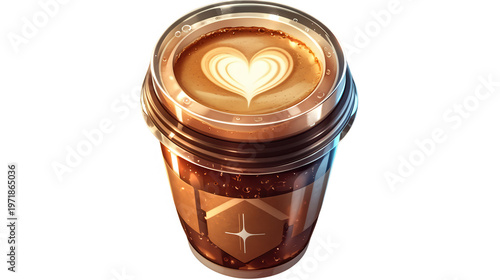 白い背景に孤立した、ハート型のラテアートが施された温かいカフェラテが入ったテイクアウト用のコーヒーカップ。茶色のスリーブと透明な蓋が付いたスタイリッシュなデザインで、朝の休憩時間やカフェ文化を象徴する一杯の飲み物。