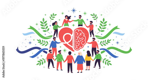 A mental health wellness awareness vector illustration depicts diverse people holding hands around a stylized heart and brain, set against a clean white background with decorative elements