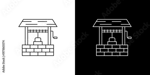 Outline icon of a traditional water well with roof, crank, and bucket. Minimalist line art graphic for digital design, web, and mobile apps