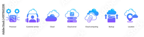 Enterprise Cloud web banner icon vector illustration featuring Processor, Customer Service, Cloud, Cloud Server, Cloud Computing, Backup, and Location.