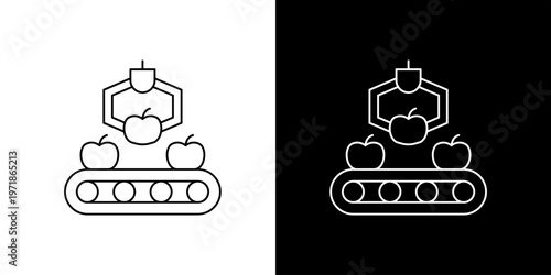 Single icon of automated robotic arm picking up apples from a conveyor belt in a food processing factory