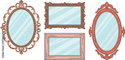 Collection of vintage ornate mirrors and elegant picture frames with decorative borders isolated on a clean white background.
