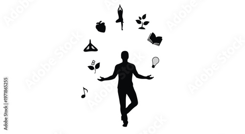 Silhouette of a person juggling various symbols of life and ideas, representing balance and multitasking.