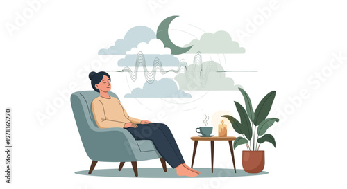A serene person sits in a blue armchair in a mental health and wellness awareness vector illustration, meditating against a night sky backdrop with a plant and table in a calm scene