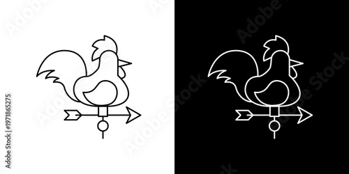 Simple outline icon of a classic rooster weather vane, a traditional farm instrument for indicating wind direction and agricultural heritage