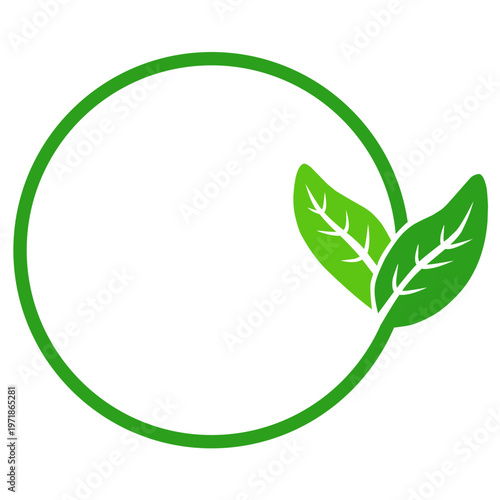 Green circular line frame with twin leaves ornament for eco friendly branding and organic lifestyle logo design