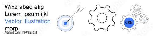Business strategy, management tools, technology integration, CRM systems, goal setting, corporate development. Target with an arrow, gear icons and CRM text. Business strategy and management tools