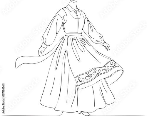 Continuous one-line drawing of Finnish folk dress on a spinning simple dummy with embroidered apron making soft loops.