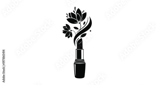 A lipstick tube transforms into a blooming floral design with delicate petals and leaves.