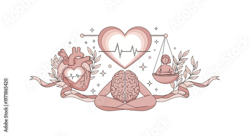 Detailed vector illustration for mental health and wellness awareness, featuring a person meditating with a brain illustration below, balanced by a heart and scales, all set against a clean