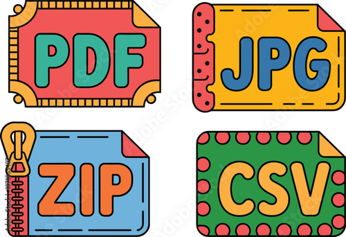 Colorful vector file format icons for PDF JPG ZIP and CSV documents with playful doodle style for web design.