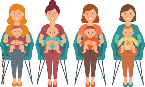 Group of smiling mothers sitting in chairs holding their babies for a parenting class or pediatric clinic waiting room.
