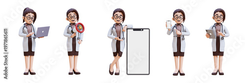 Charming female doctor character set showcasing medical and communication tools. 3D render