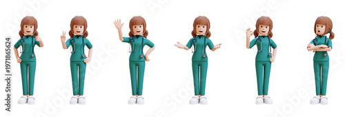 3D Render of Diverse Poses Friendly Nurse Character in Teal Scrubs and Stethoscope. Showing Gestu
