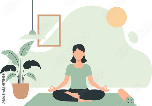 Serene Meditation and Wellness: A person embodying peace and mindfulness finds inner balance. A moment of self-care and mental well-being in a calm interior space.