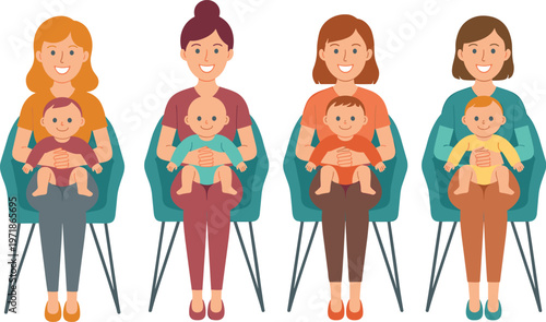 Group of smiling mothers sitting in chairs holding their babies for a parenting class or pediatric clinic waiting room.