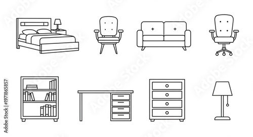 Furniture Line Art Collection - Bed, Chairs, Sofa, Desk, and More.