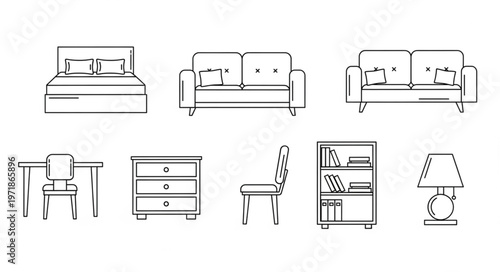 Furniture Sketch Collection - Bed, Sofas, Desk, and More.